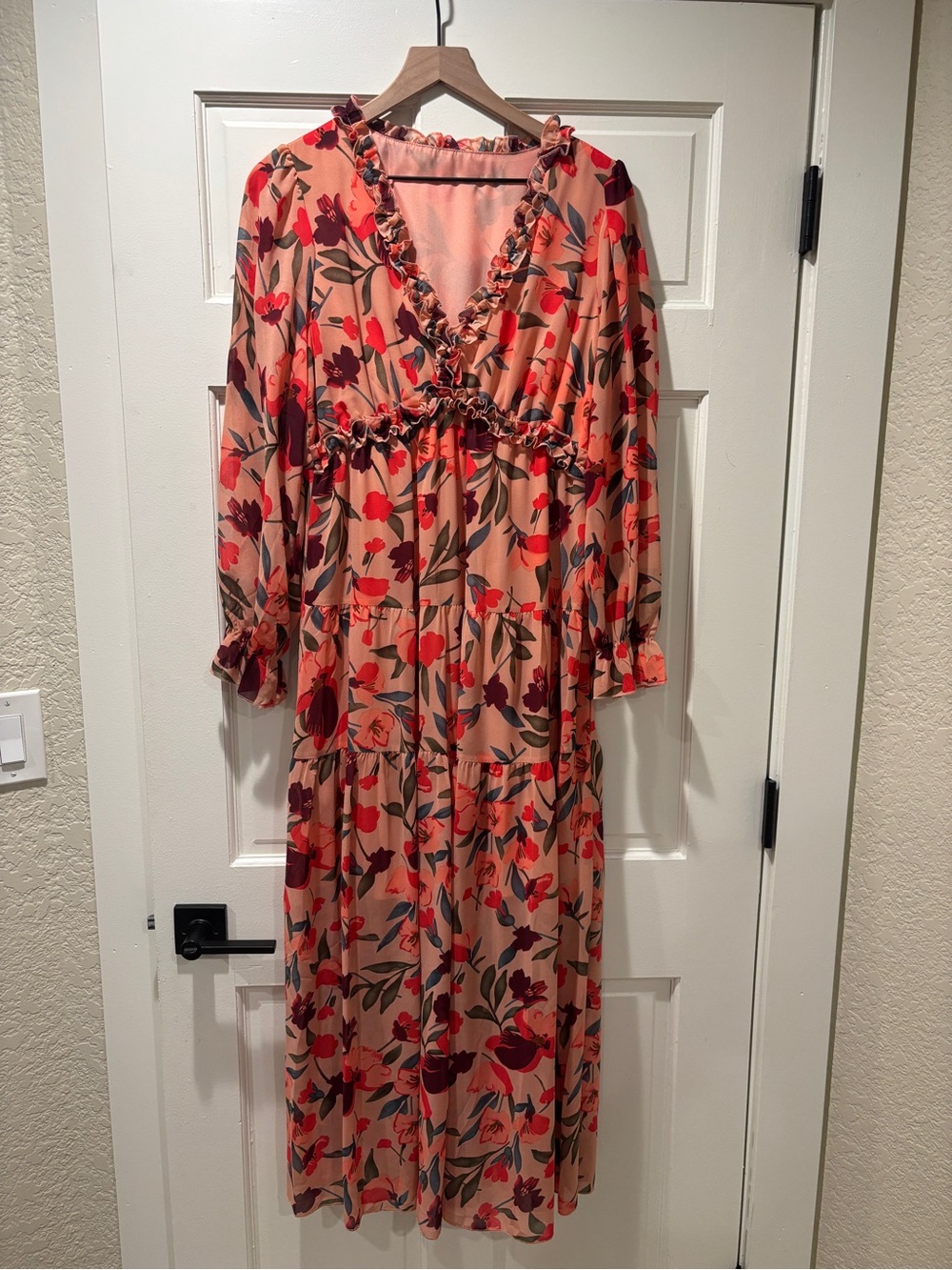 Peach Floral Ruffled V-Neck Maxi Dress